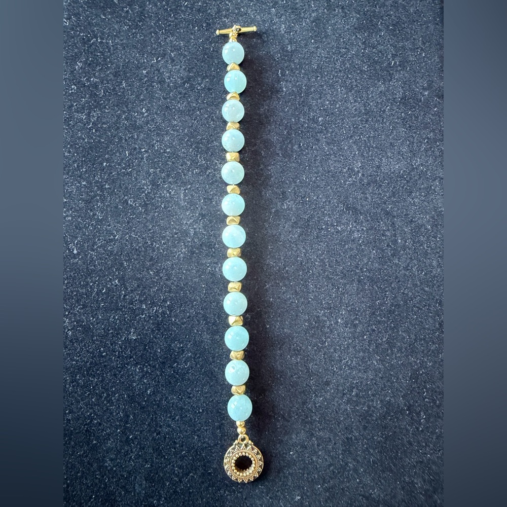 Aquamarine Stone Beaded Bracelet with Brass Nuggets & Toggle Clasp